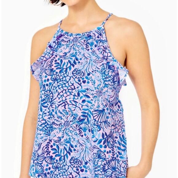Lilly Pulitzer Blue Pink Seashell Print Sleeveless Tank Top Small S Cotton Blend - Picture 1 of 5